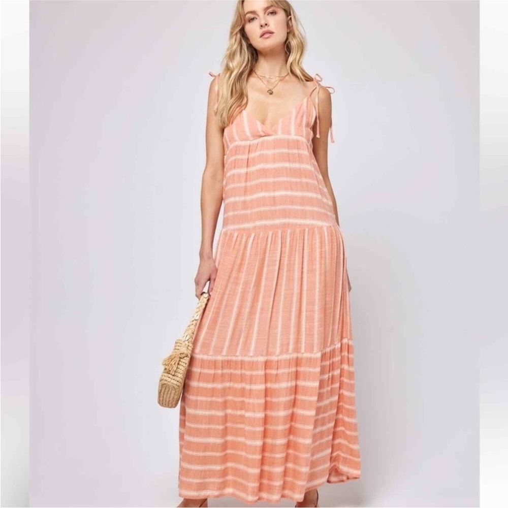 L*Space Anthropologie Coral Ava babydoll Striped Midi Dress Sz XS
